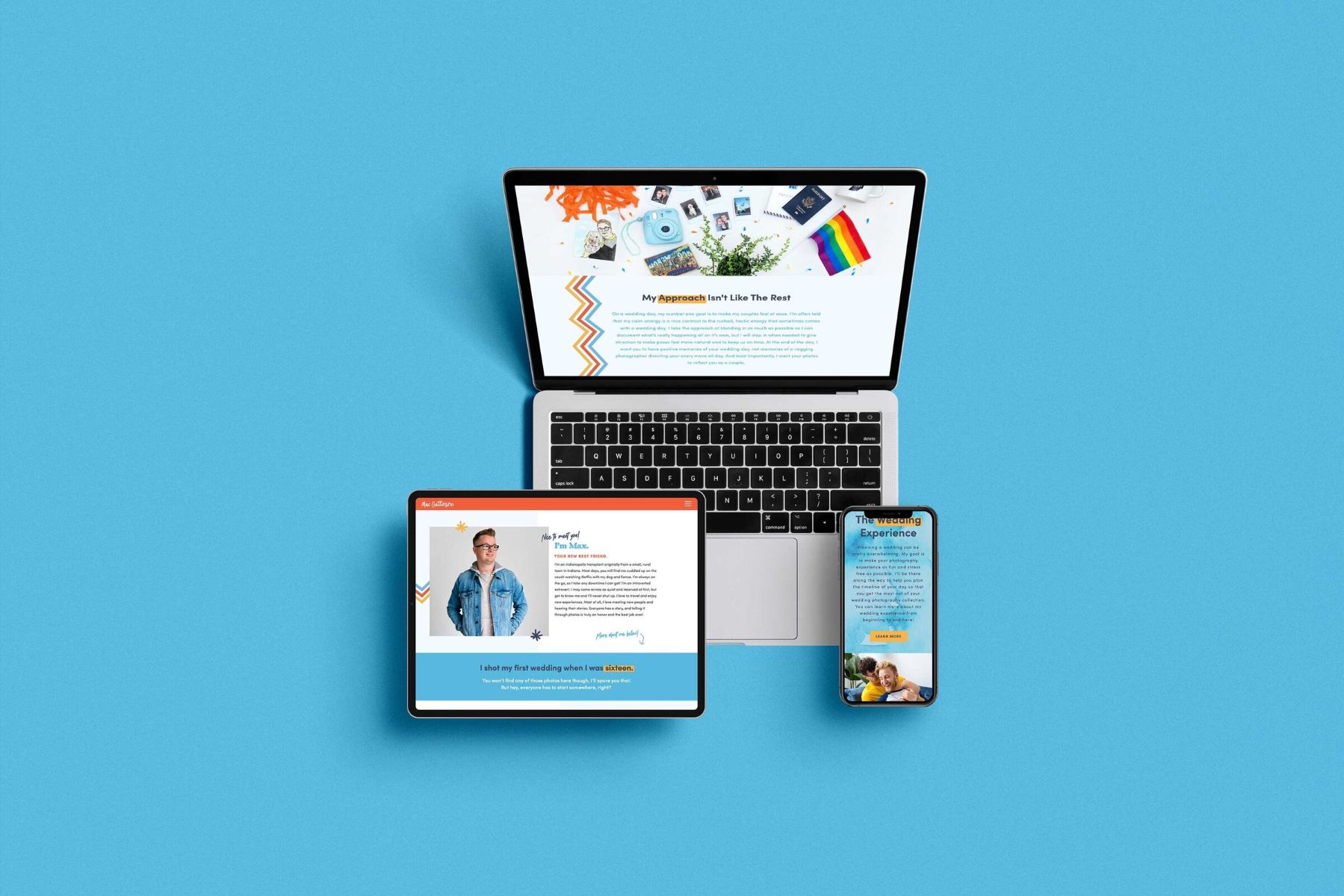 website pages for max catterson photography on laptop, mobile, and a tablet 