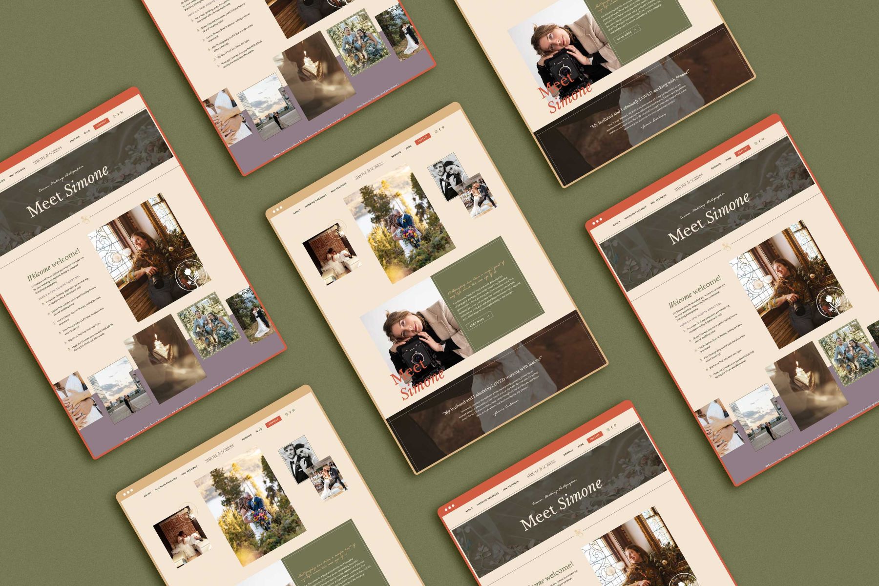 website pages for simone schiess set against a green backdrop 