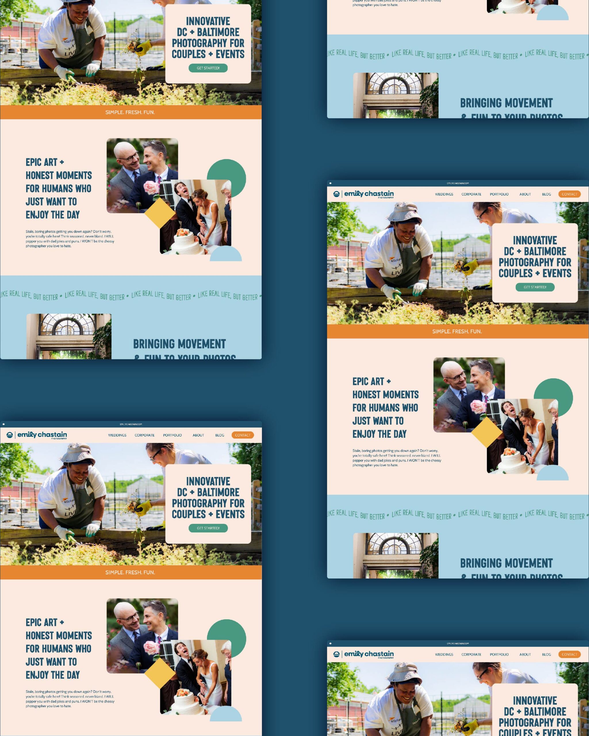 emily chastain's website pages set against a blue backdrop