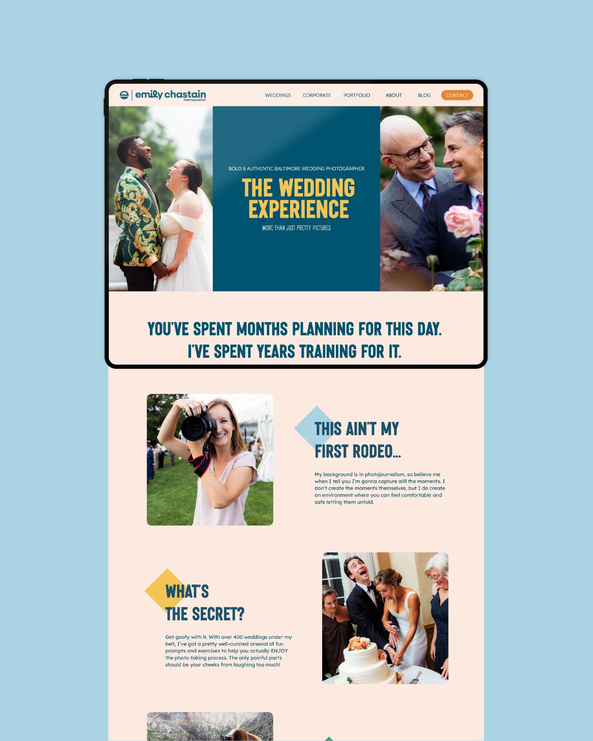emily chastain's website pages set against a blue backdrop
