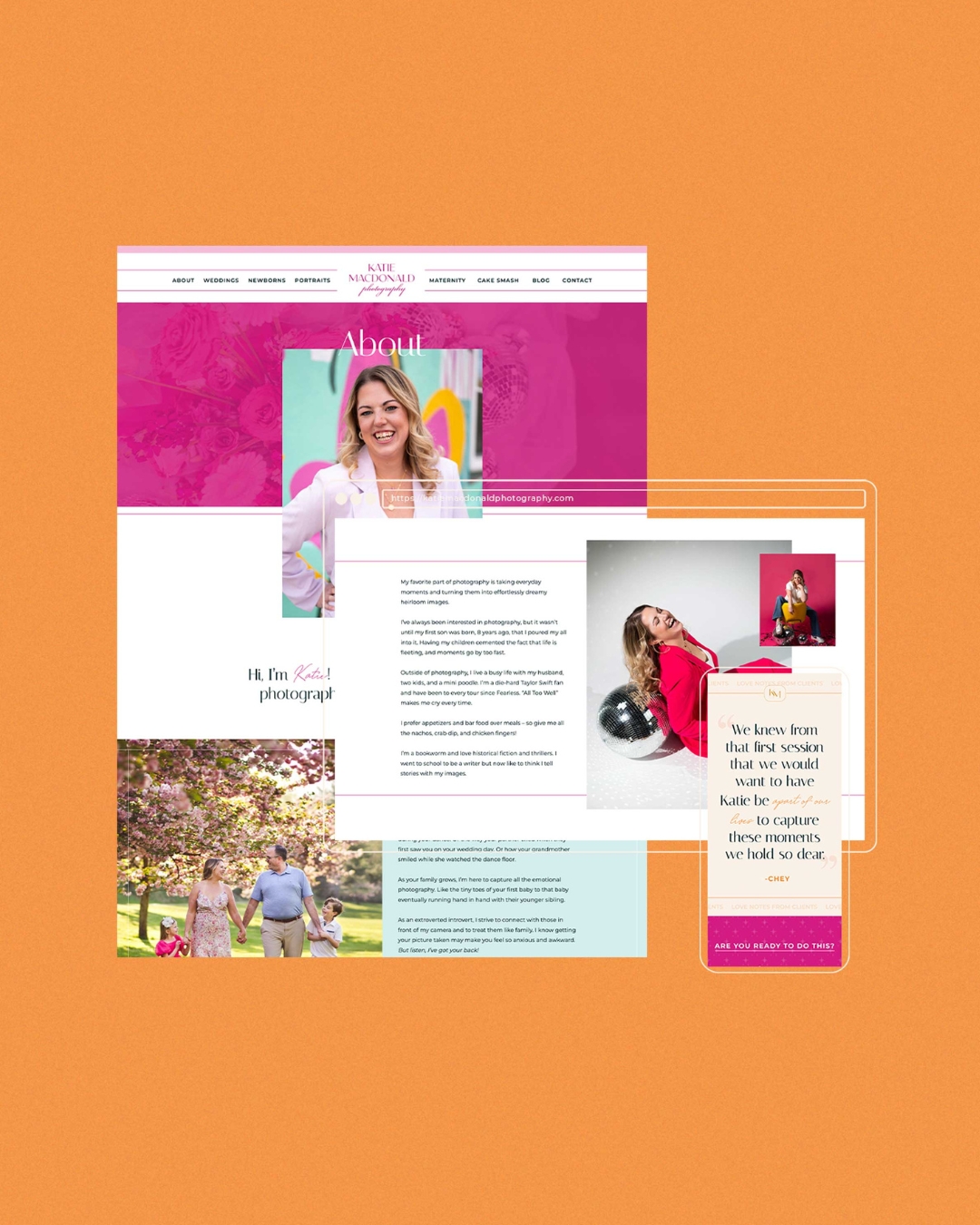 katie macdonald photography's website pages set against an orange backdrop