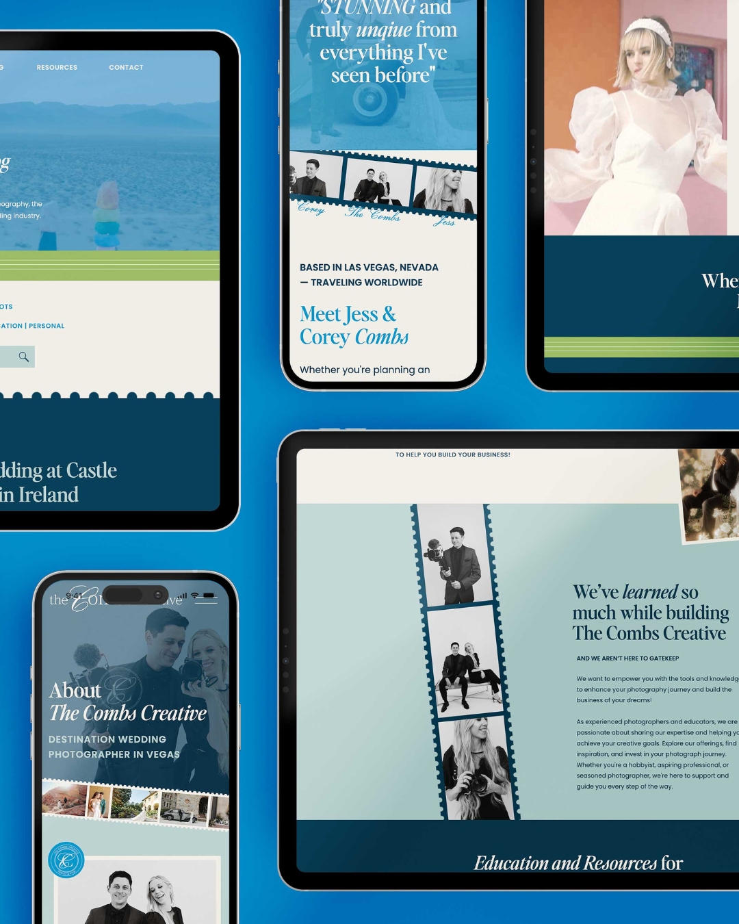 website for the combs creative on mobile and laptop set against a blue backdrop