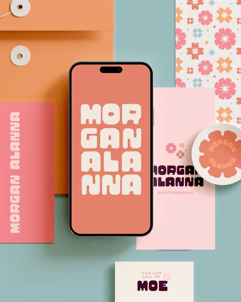 branding assets for morgan alanna photography including stickers, business cards, and envelopes