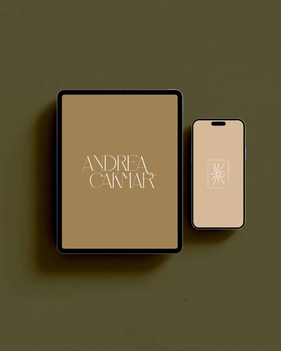 branding assets for andrea cakmar photo + film displayed on a tablet and mobile phone