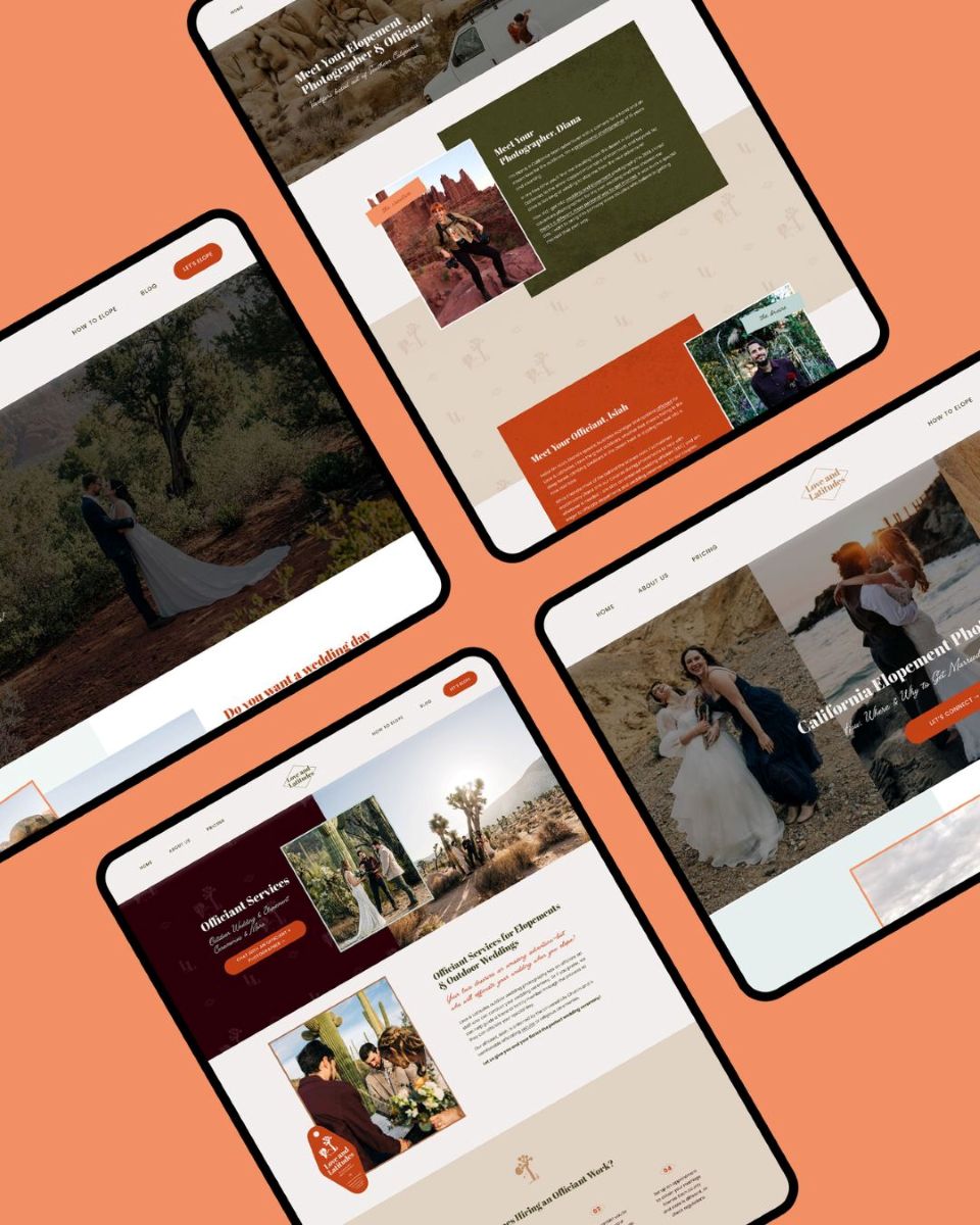 website displayed on a tablet for love & latitudes set against an orange background