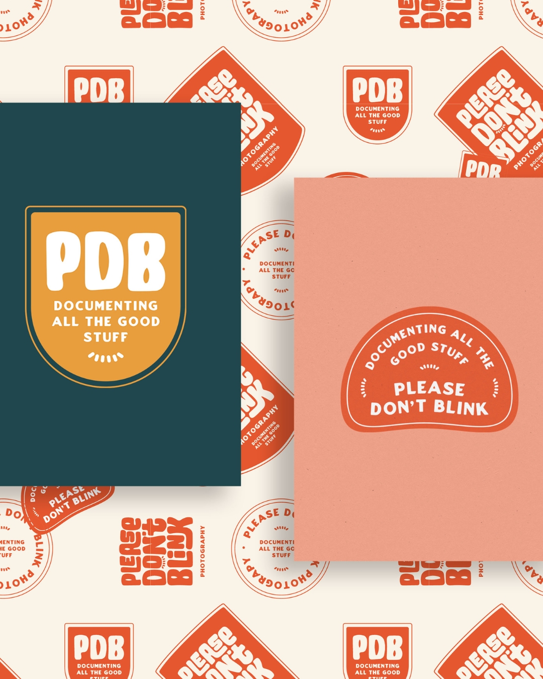 brand assets and business cards for please don't blink photography