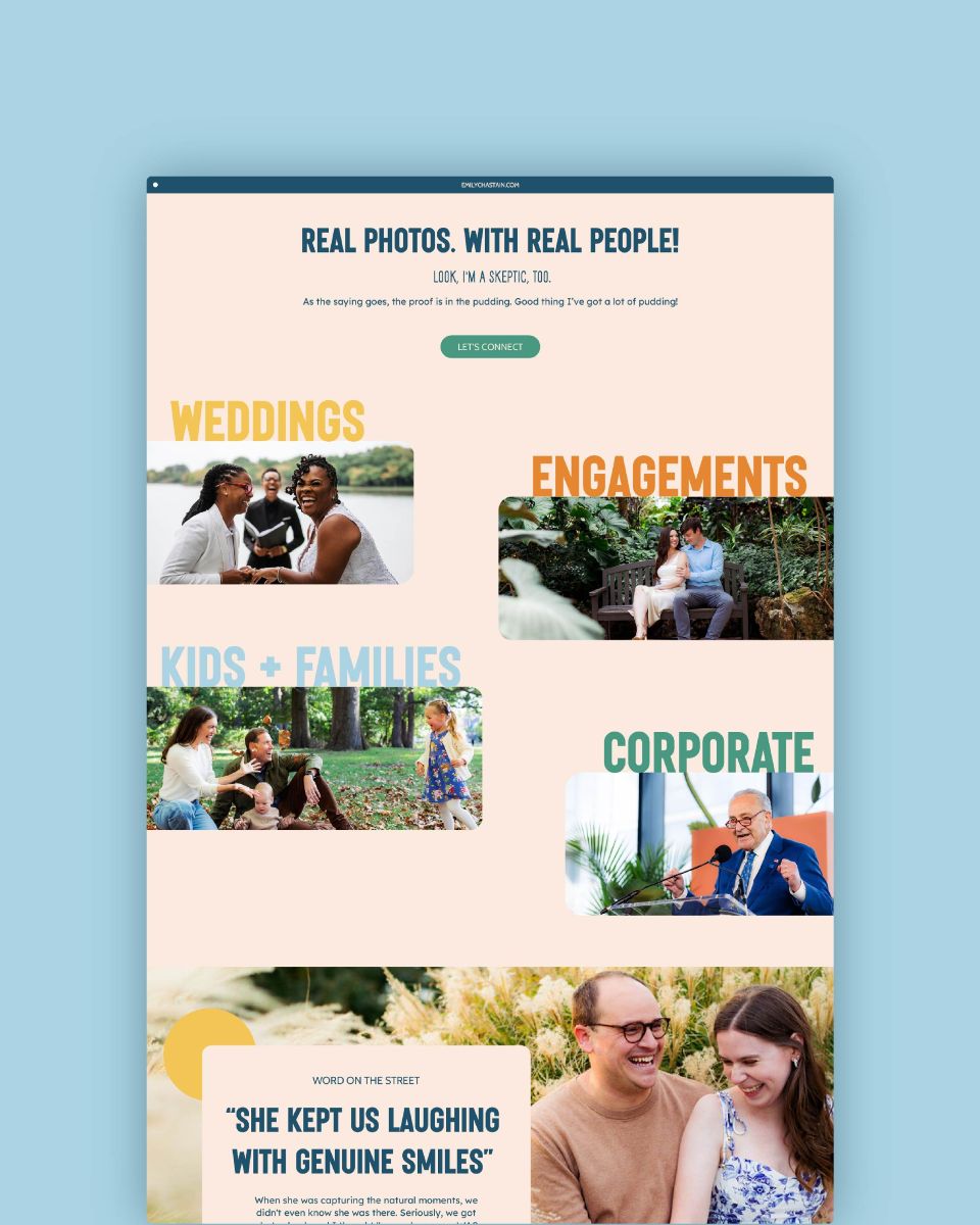 website for emily chastain photography dispalyed and set against a blue backdrop