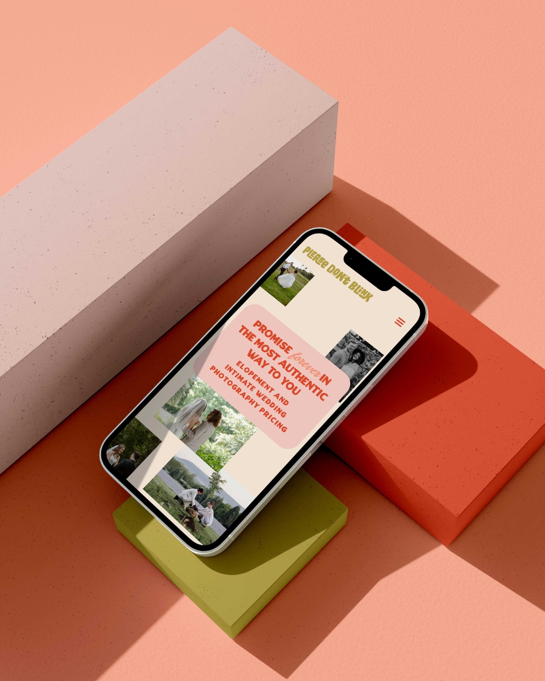 mobile phone dispalying website for please don't blink set against a peach colored backdrop 