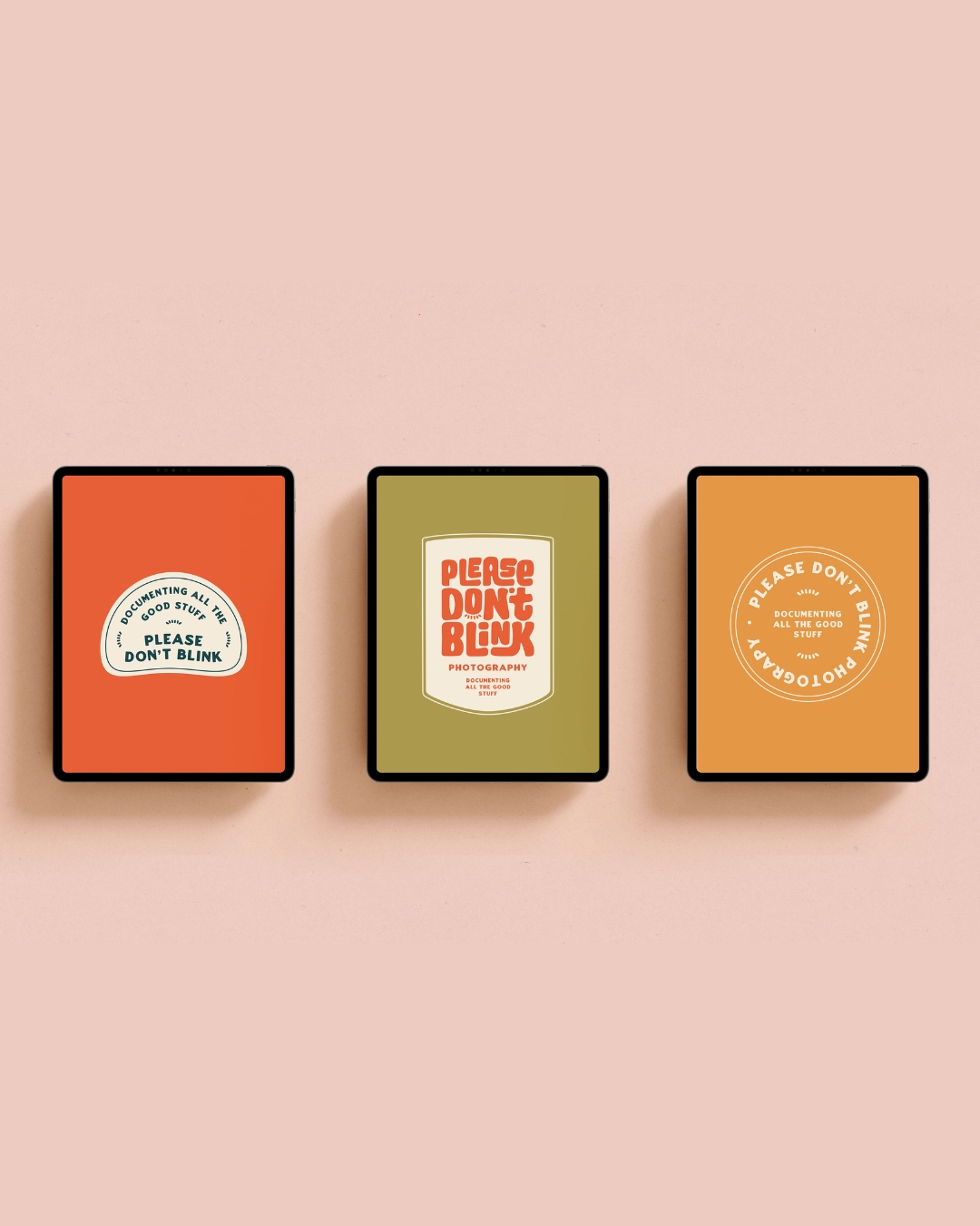 website for please don't blink displayed on three tablets 