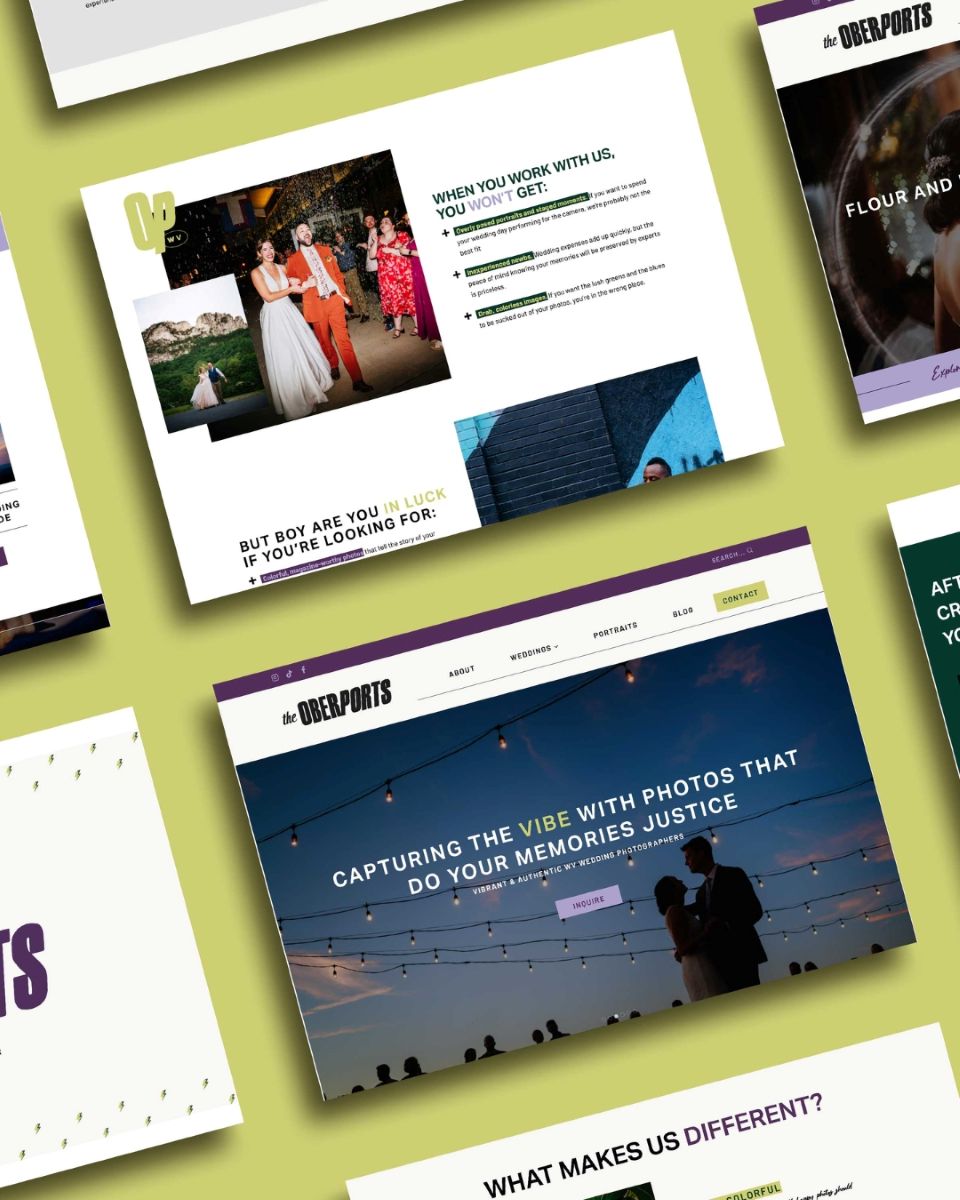 different website pages for the oberports wedding photography set against a green backdrop