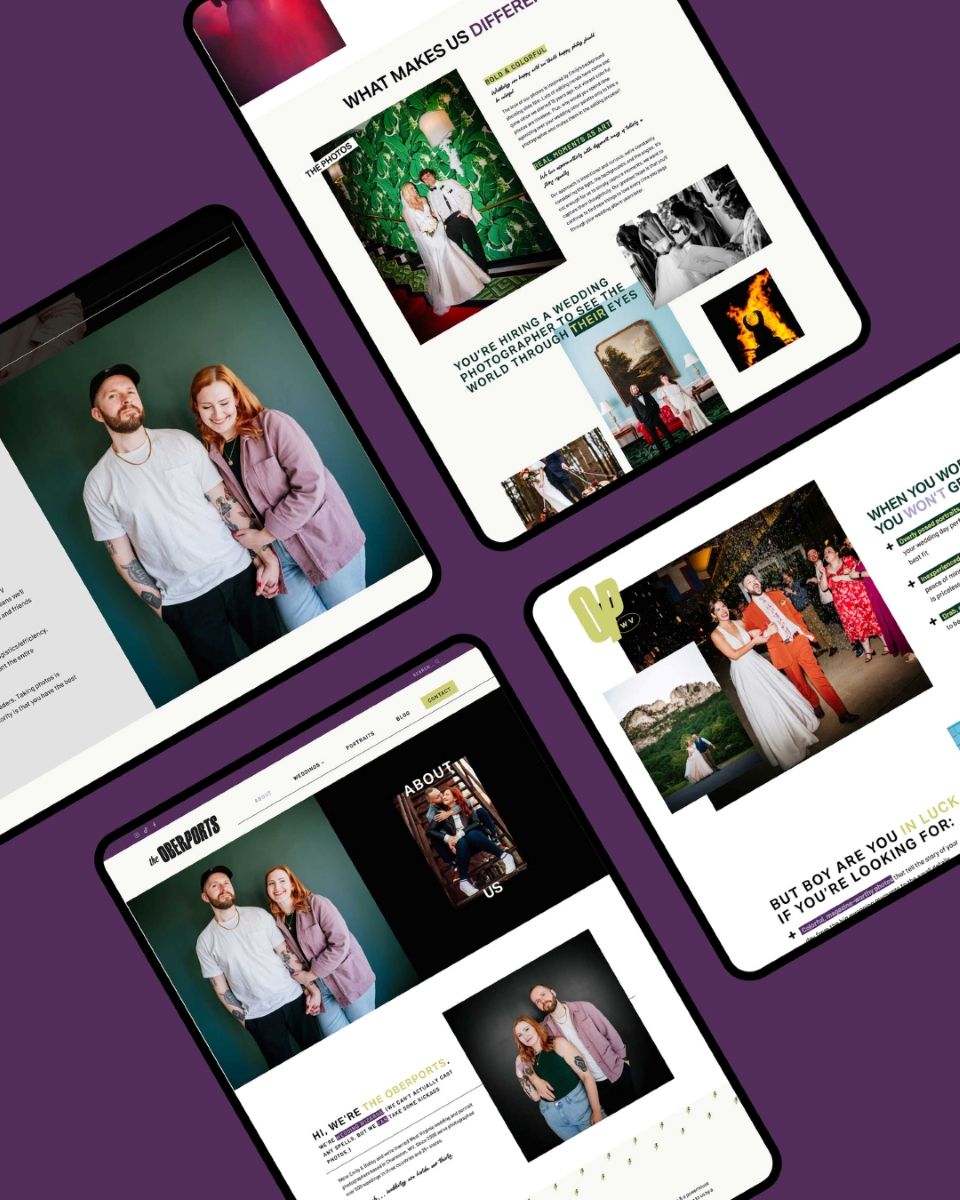 four tablets each displaying a different website page for the oberports wedding photography