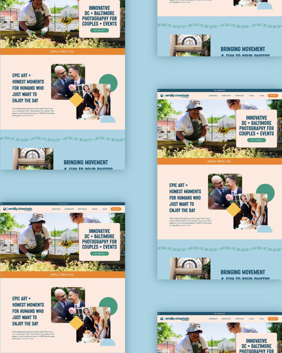 different website pages for emily chastain photography set against a blue backdrop