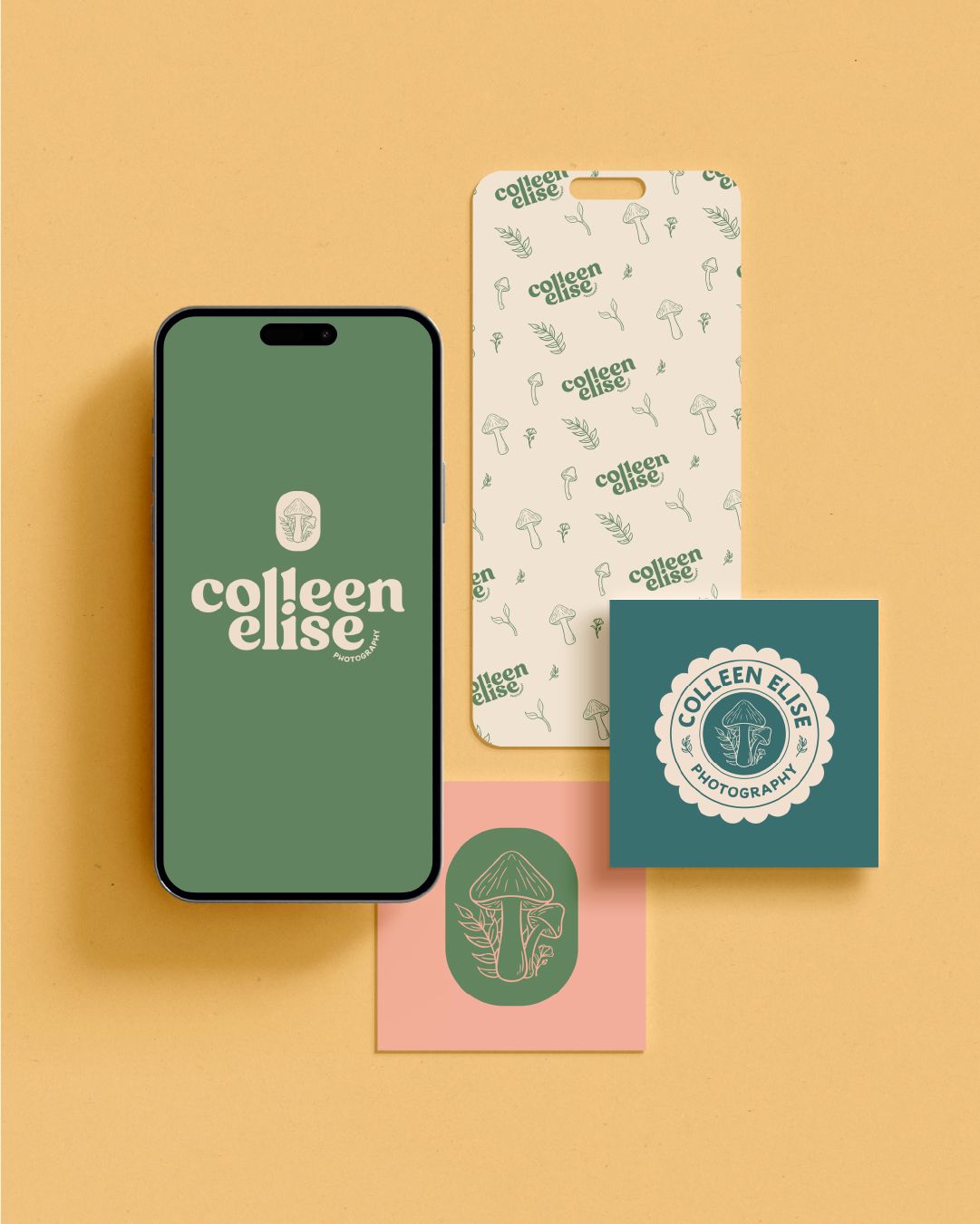 branding assets, logos, and icons for colleen elise photography set against an orange backdrop