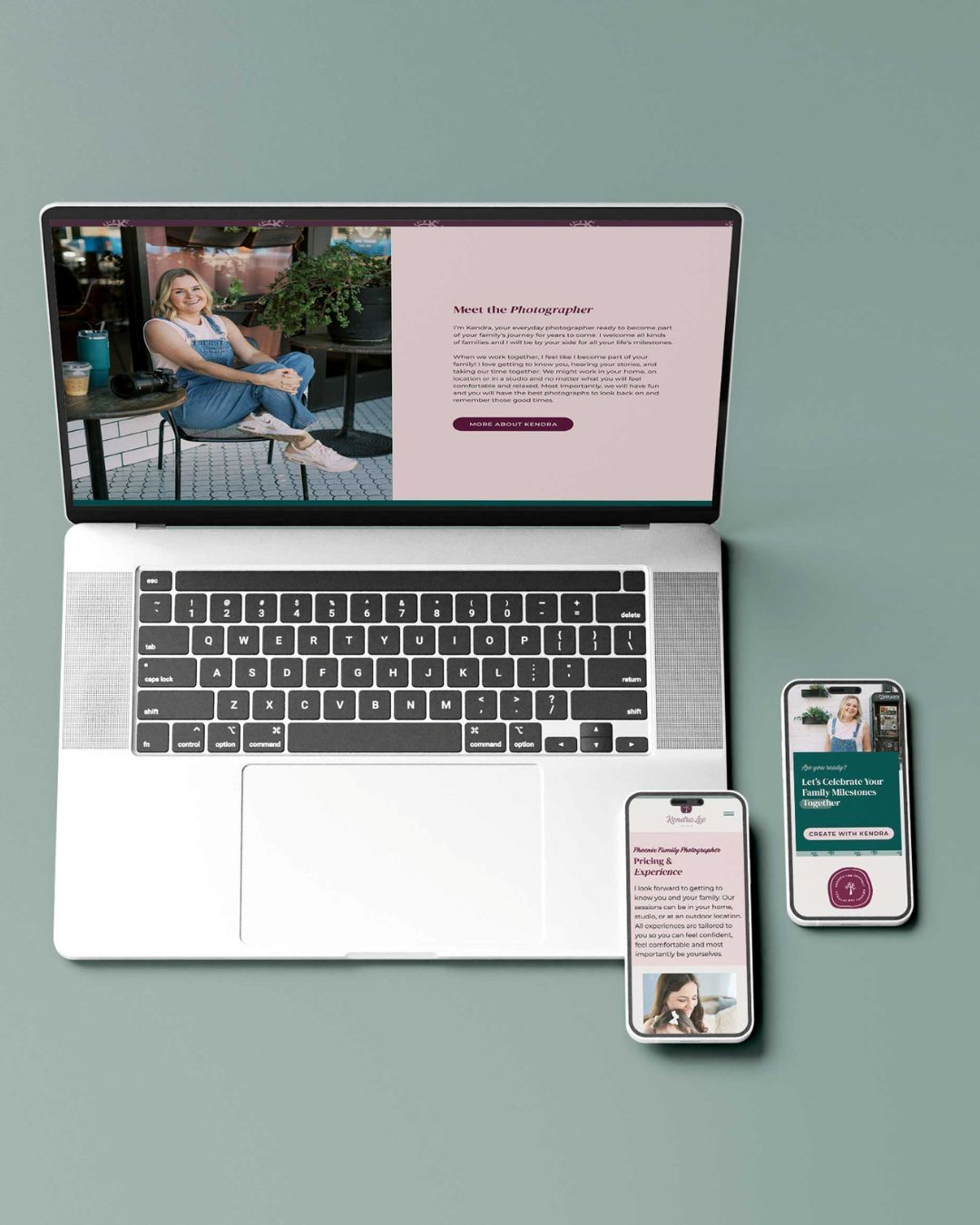 website for kendra lee photography displayed on laptop an dmobile