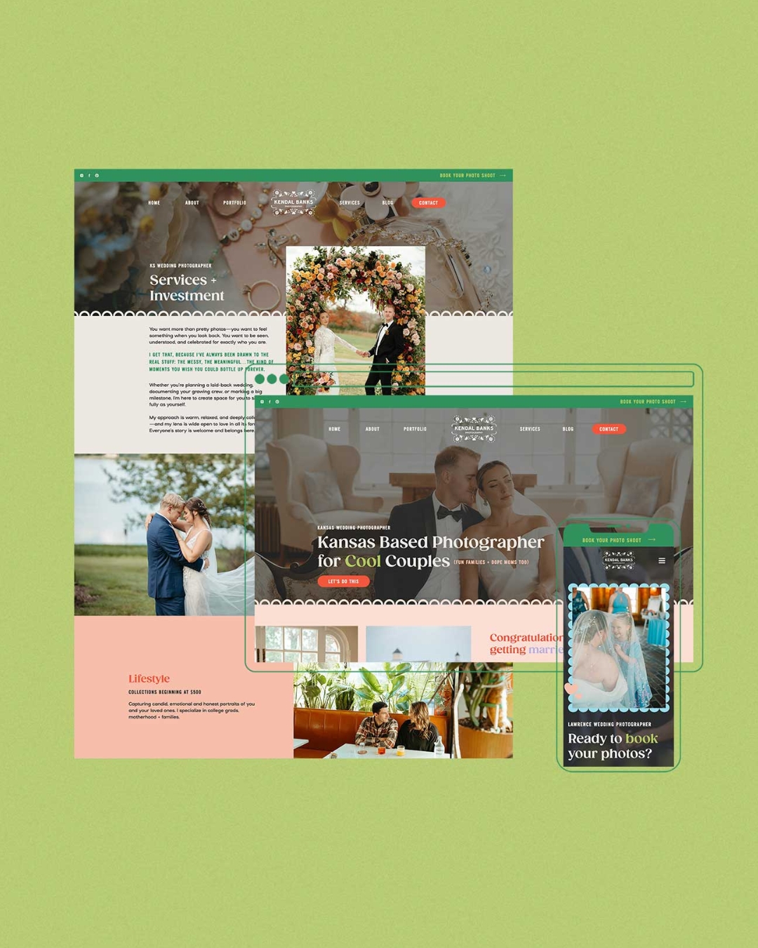 kendal banks photography's website set against a green backdrop
