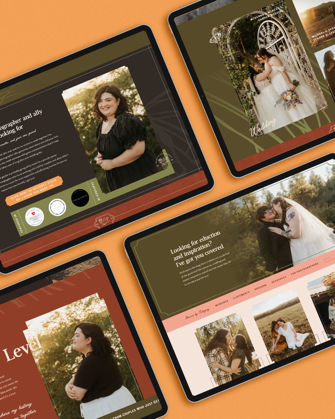 adriana maya photography's website displayed on tablets set against an orange backdrop