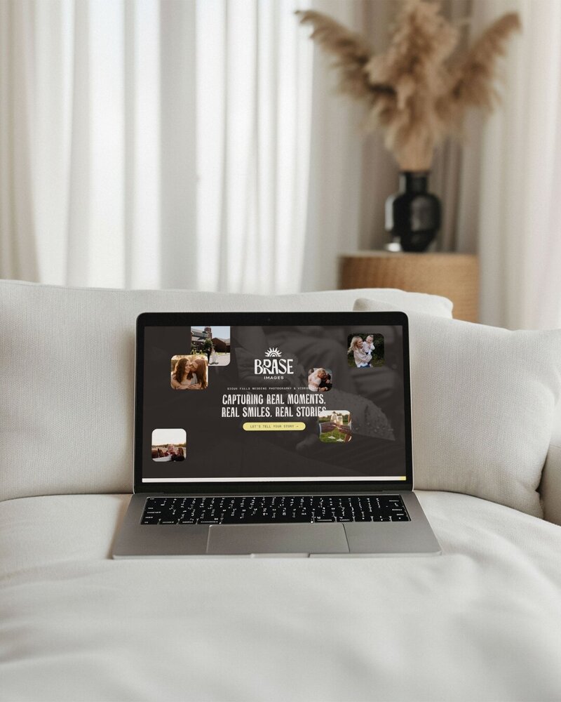 a laptop on top of a couch displaying the website for brase images 