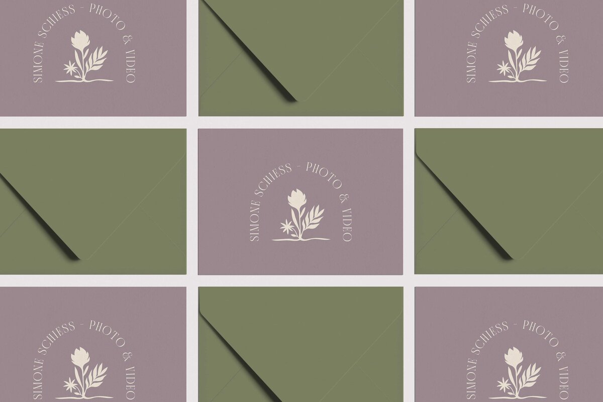 logo for simone schiess photos on i and video on invites and green envelopes