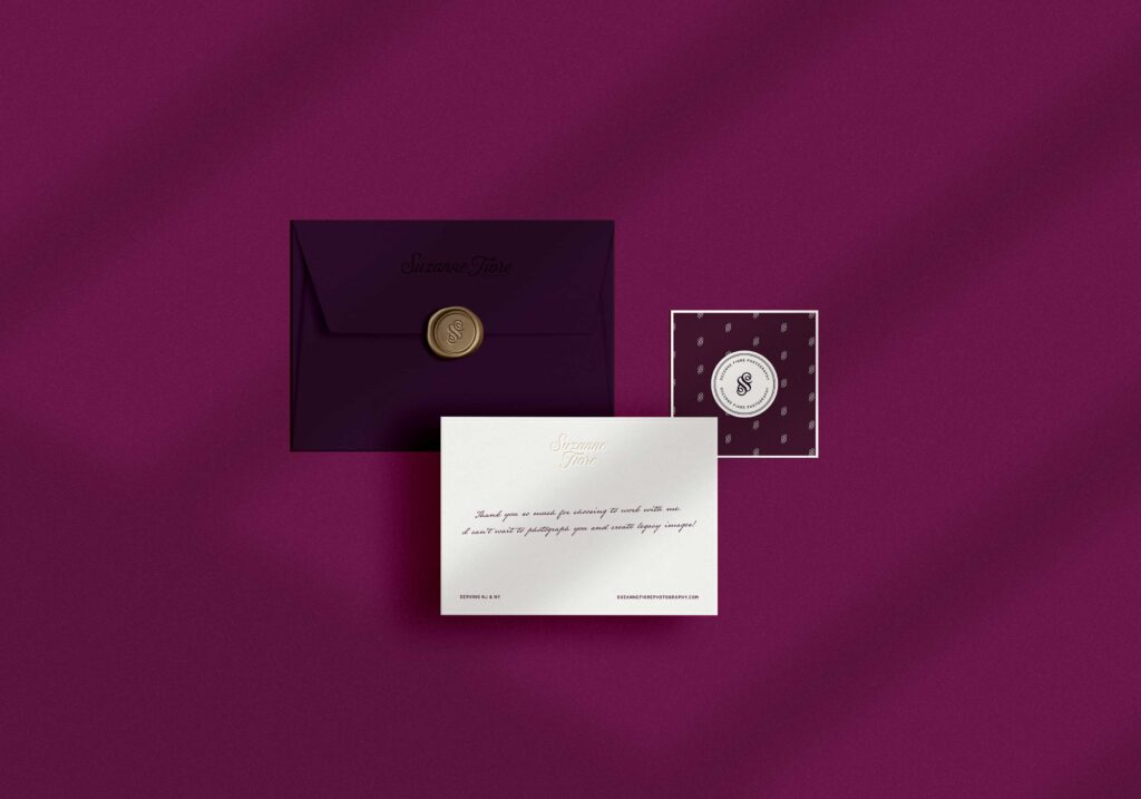 branding assets for suzanne fiore photography including a logo and a letterhead 