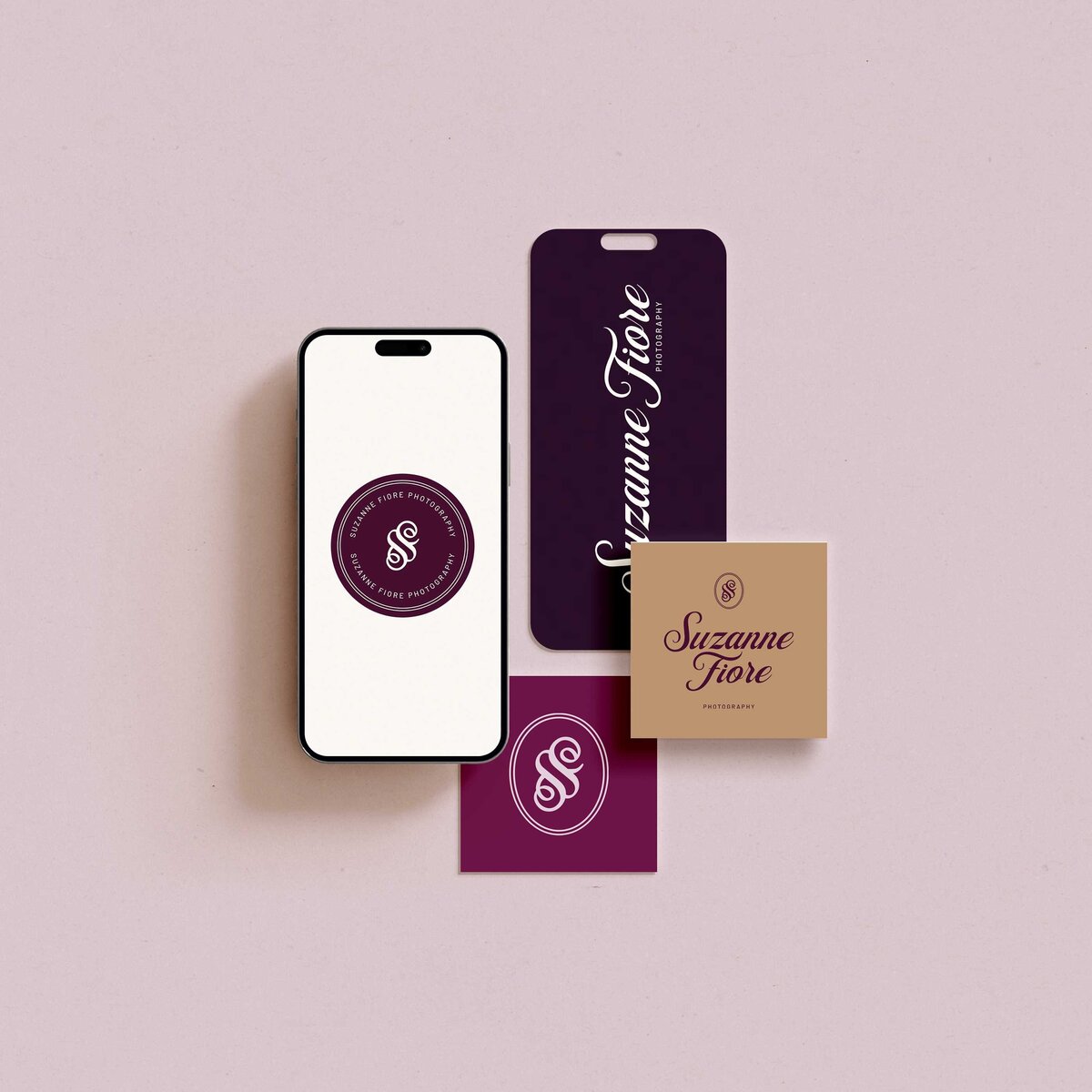 suzanne fiore branding assets set against a purple backdrop 