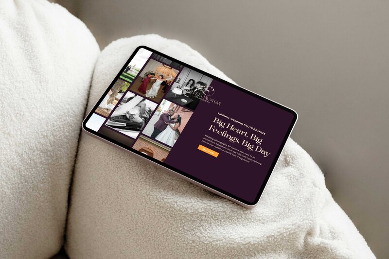 a tablet on a couch the tablet is dispalying the website for bri ellington photography