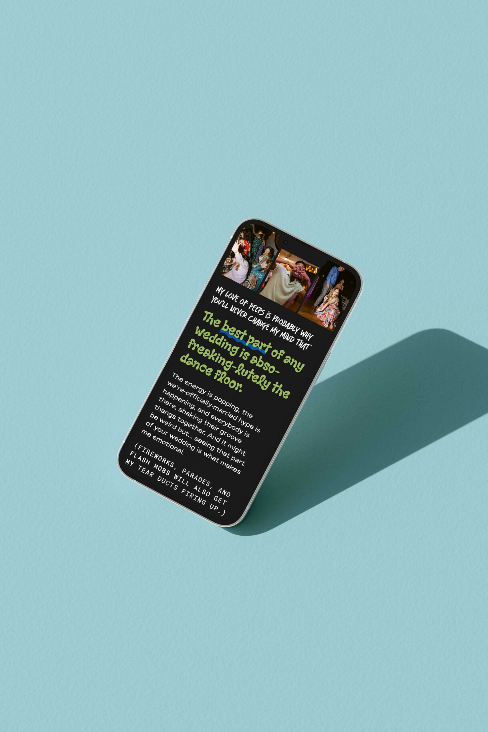 a mobile phone displaying a photographer's website set against a blue backdrop 