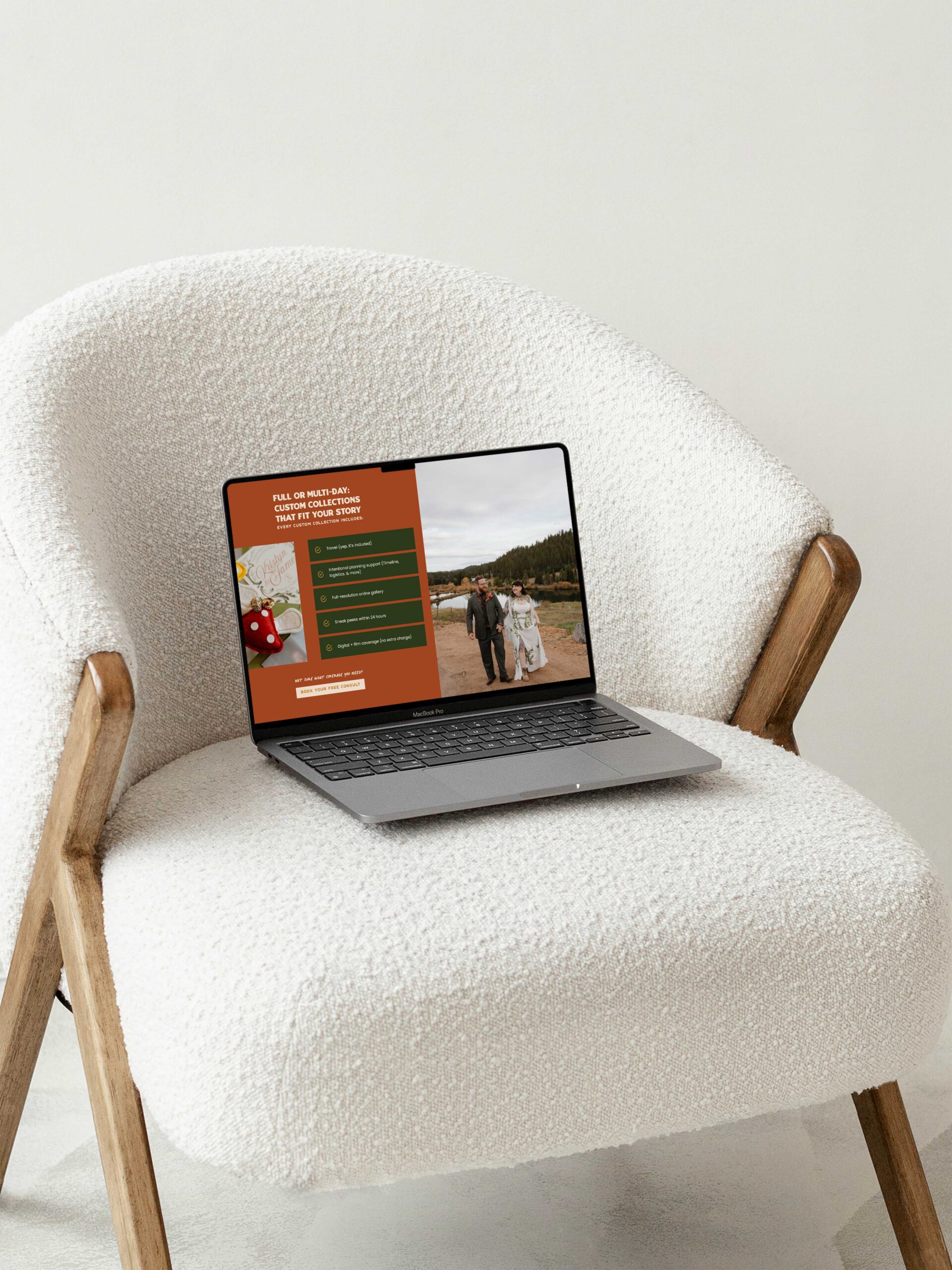 bespoke website design for jamie tobin photography their website is pulled up on a laptop that is resting on a chair 