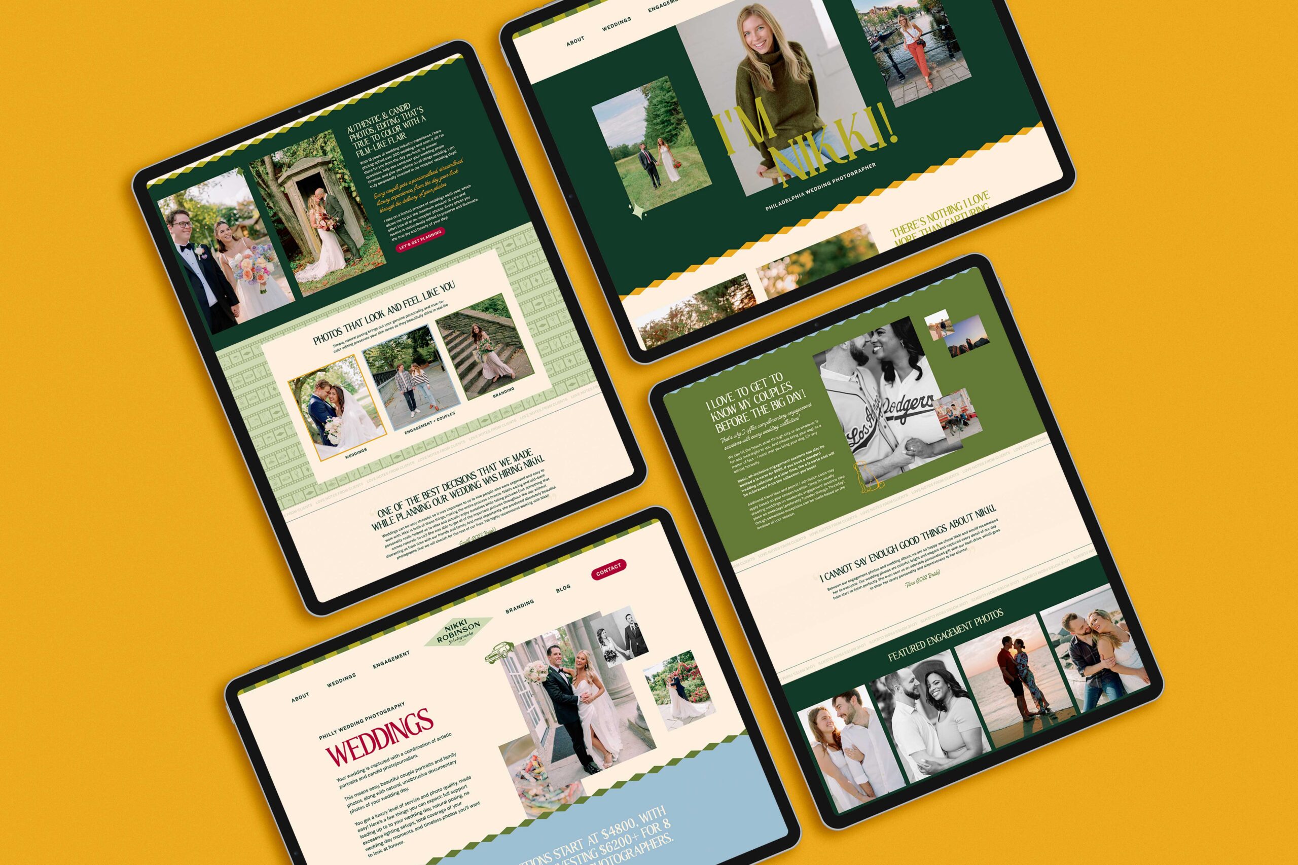 four different tablets each displaying a different website page for a photography business set against a yellow backdrop 
