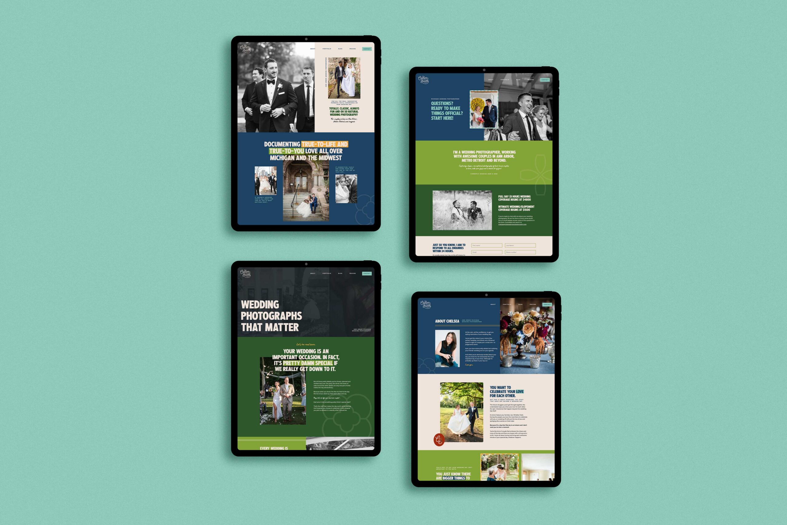 bespoke website design for chelsea brown photography with four different tablets each displaying a different website page for chelsea brown photography