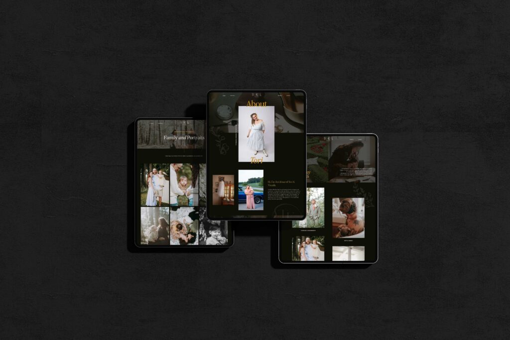 three different tablets each displaying a different website page for tori k visuals