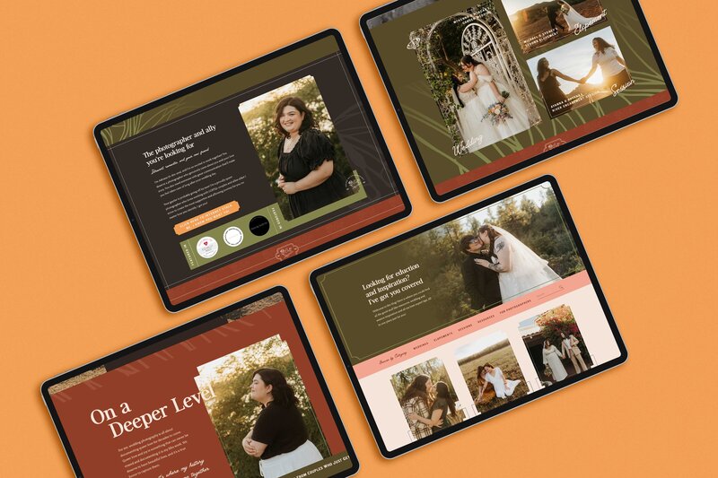 four different tablets set against an orange backdrop displaying four different pages of a website 