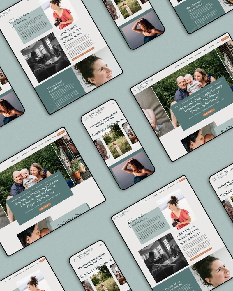 different mobile phones and tablet layouts each displaying different websites for kate simpson photography