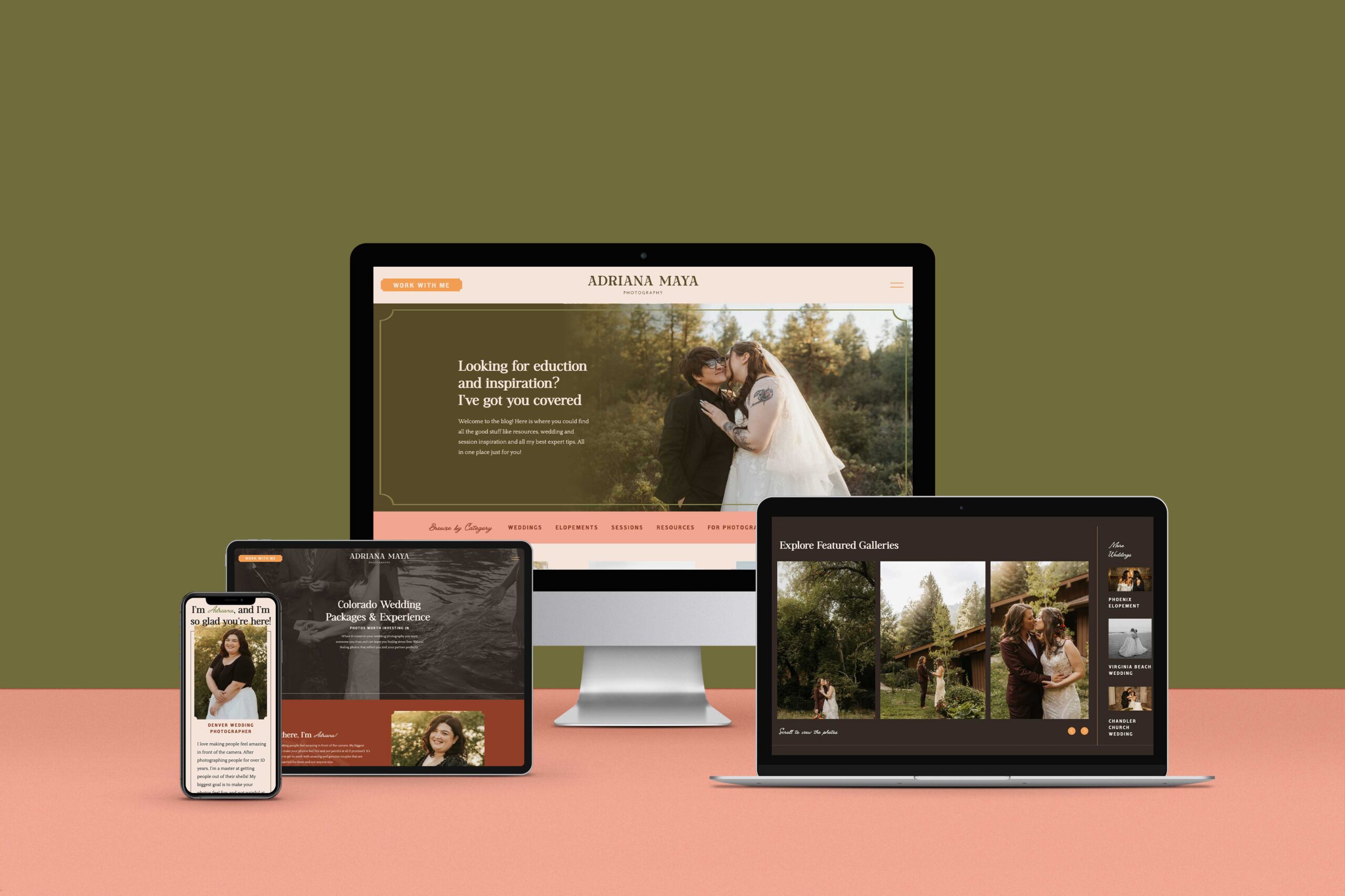 a desktop, tablet, phone, and laptop each displaying the website for adriana maya photography