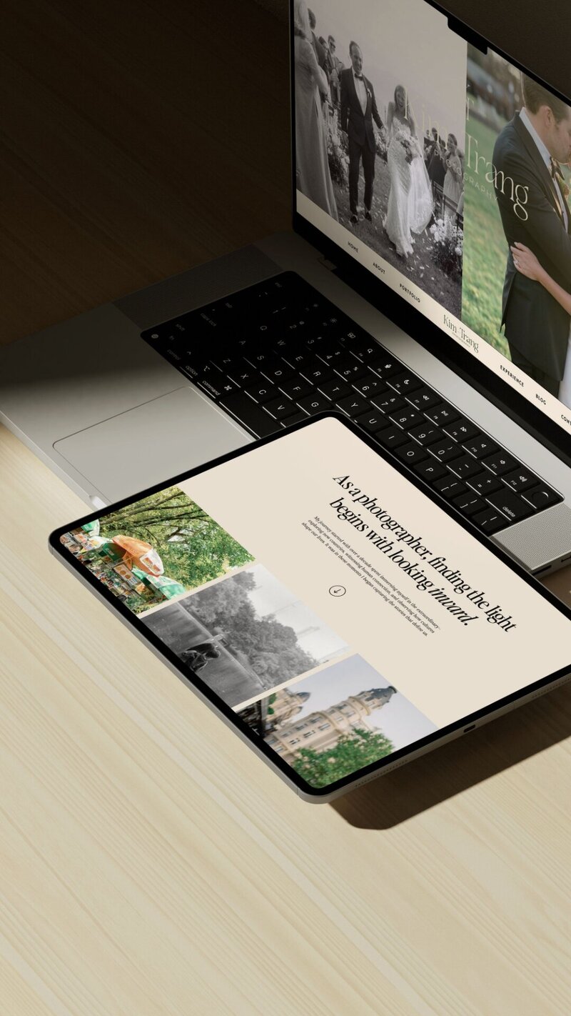 a tablet and laptop displaying the website for kim trang photography