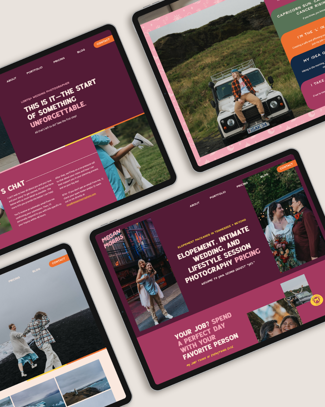 four different tablets each displaying a different website page for megan morris photography