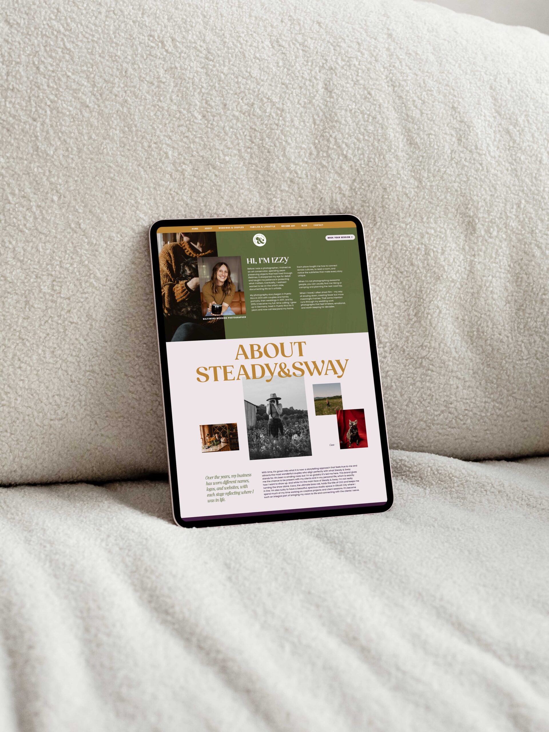a tablet on a couch displaying a website for steady and sway photography