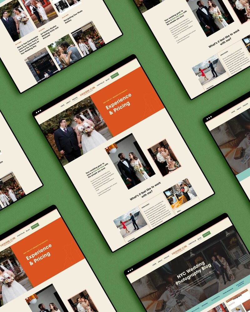 website pages for sarah bode clark photography displayed on different tablets 