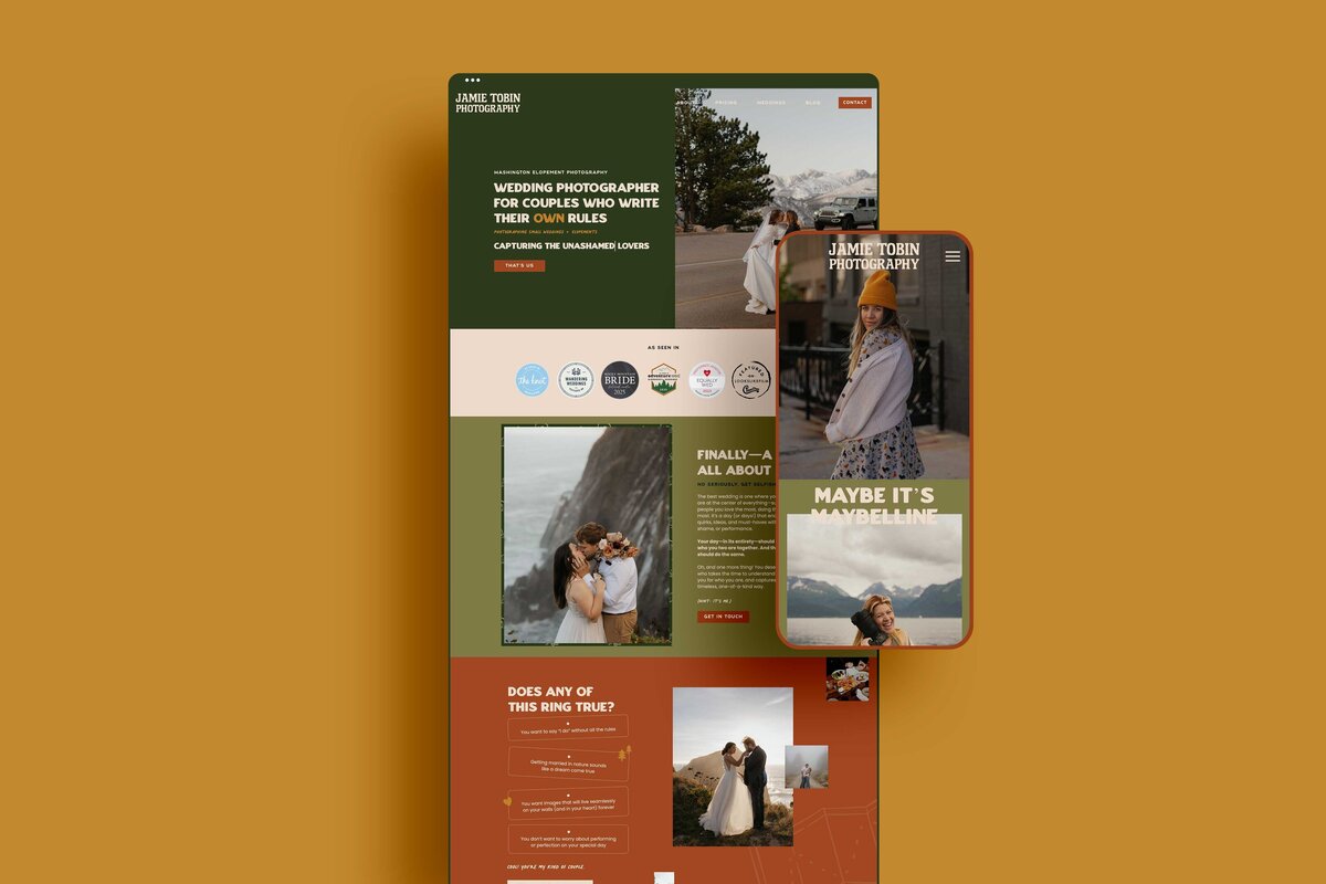 a website layout on mobile and desktop for jamie tobin photography